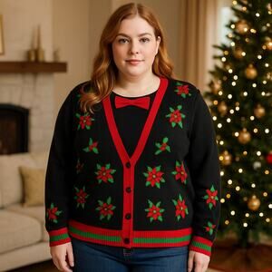 Jolly Sweaters Ugly Christmas Poinsettia Bow Neck Holiday Cardigan XL